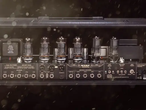 Vue arrière d'un ampli à lampe Mesa Boogie Dual Rectifier, révélant ses tubes brillants et ses connexions.