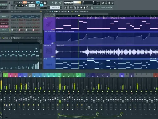 Interface d'un logiciel MIDI montrant une piste de violon, une piste de violoncelle et des pistes de cuivres avec des notes et des automations.