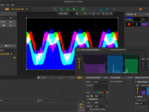 Interface d'un logiciel live montrant des formes d'onde audio colorées et des réglages d'analyse audio.