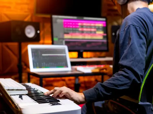 Un musicien utilise un clavier et un ordinateur pour créer une composition musicale. L'application d'accompagnement musical est visible sur les écrans.