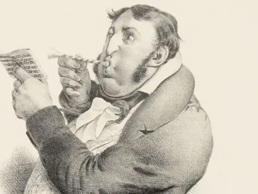 Un homme soufflant dans une trompette, lisant une partition. Un jargon, une définition de ce terme.