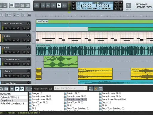 Interface du logiciel Cakewalk, affichant des pistes audio et MIDI pour la création musicale.