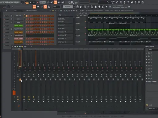 Le fl studio mixer montre des curseurs de volume pour chaque piste, avec le Master en surbrillance.