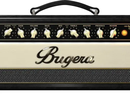 Ampli guitare Bugera V5 Infinium, crème et noir, avec ses nombreux réglages et le logo Bugera en son centre.