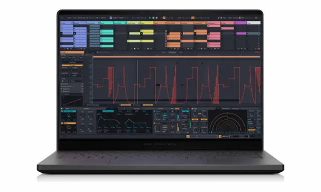 Un laptop ROG Zephyrus affiche un logiciel de production musicale avec des pistes audio et des formes d'onde complexes.