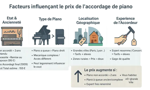 Facteurs influençant le prix de l'accordage de piano : état, type, localisation et expérience de l'accordeur. Le prix augmente si le piano est ancien ou à queue.