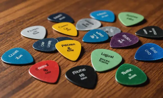 Un assortiment de médiators de guitare de différentes couleurs, chacun portant un nom ou un chiffre. Un médiator triangle jaune avec "Pecren & foop" est au centre.
