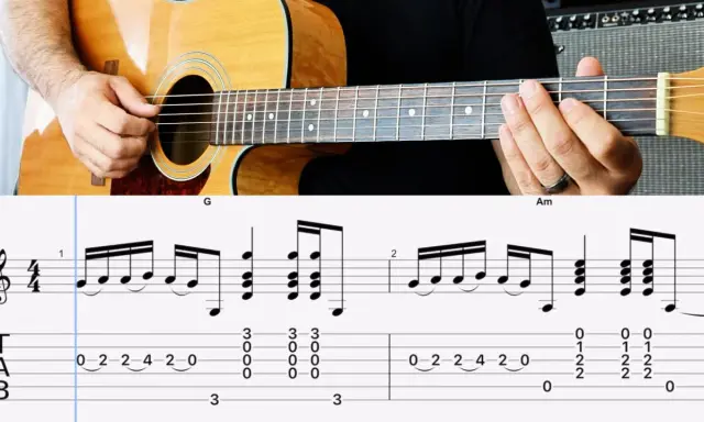 Un guitariste joue un riff guitare entraînant, avec la partition et la tablature affichées.