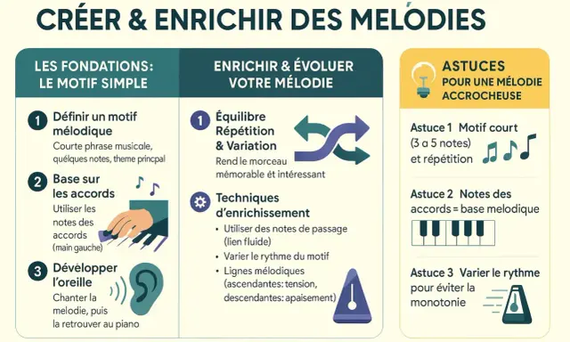 Guide pour créer une mélodie : définir un motif, utiliser les accords au piano, développer l'oreille, équilibrer répétition et variation, et enrichir avec des astuces pour une composition accrocheuse.