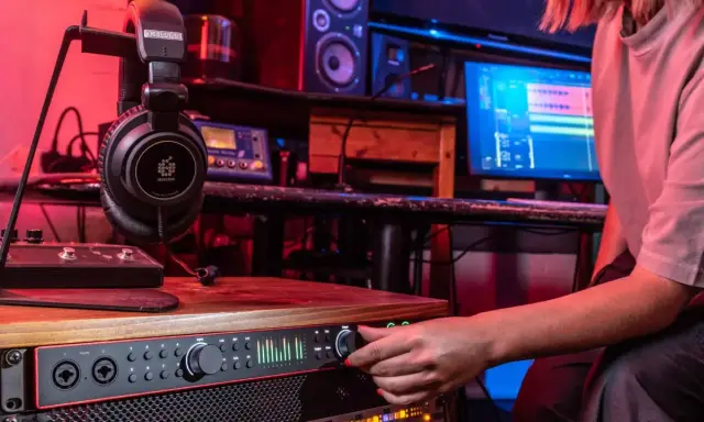 Casque audio professionnel suspendu, prêt pour une expérience stéréo audio immersive dans un studio d'enregistrement.