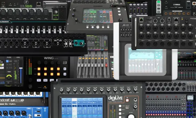 Une collection de consoles de mixage numériques et d'interfaces audio, dont une table de mixage virtuelle affichée sur une tablette.