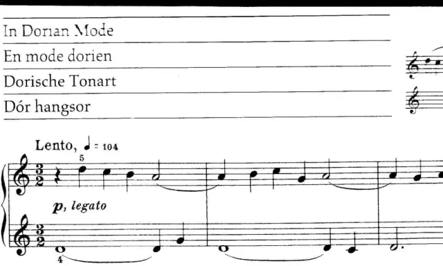 Partition musicale indiquant le mode dorien. Une mélodie douce et liée commence, jouée en tempo Lento.
