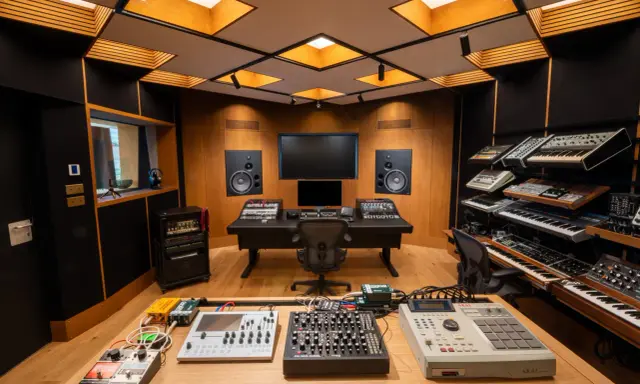 Studio d'enregistrement avec synthétiseurs, une Akai MPC 2000XL, et des pédales d'effets, prêt à faire revivre le son du daw reaper.