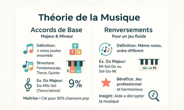 Théorie musicale : accords de base et renversements, avec un exemple de Do Majeur au piano.