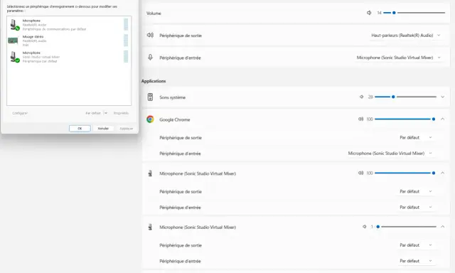 Fenêtre du mélangeur de volume de Windows 11, ajustant le mixage stéréo et les périphériques d'entrée/sortie pour les applications.