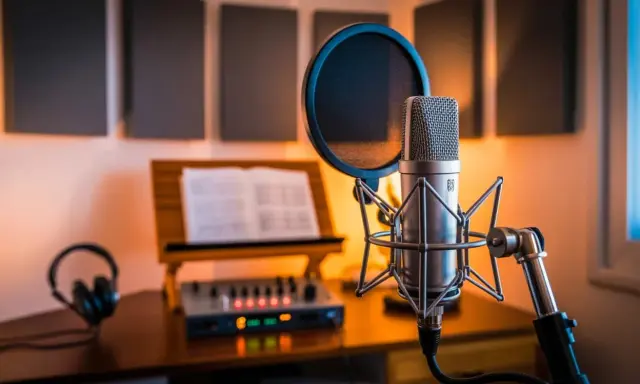 Studio d'enregistrement avec un micro line, un pupitre, des écouteurs et une console de mixage.