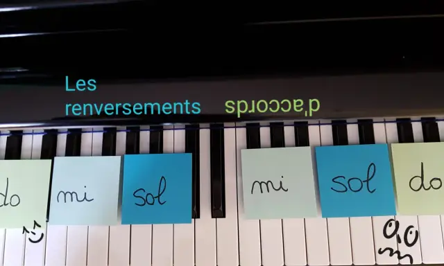 Les renversements d'accords piano expliqués avec des notes sur les touches : do, mi, sol.