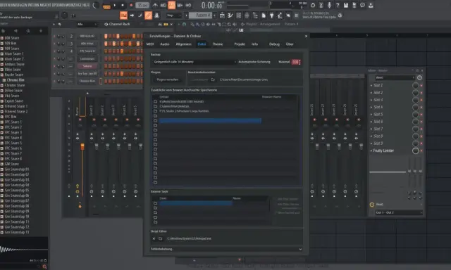 Fenêtre "Paramètres" de FL Studio, onglet "Fichiers". L'utilisateur cherche à mettre FL Studio en français en configurant les chemins des plugins.