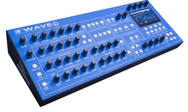 Synthétiseur bleu 3rd Wave, idéal pour apprendre à mixer de la techno. Boutons, molettes et écran pour créer des sons.