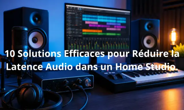 Studio d'enregistrement avec micro, casque, carte son, clavier et écran affichant une piste audio. Idéal pour éviter d'avoir de la latence.
