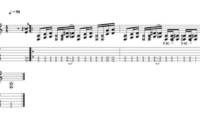 Partition de guitare avec indication de tempo J=90. La tablature montre une séquence de notes, incluant des "X" pour les cordes étouffées, et des indications de "P.M." (palm mute). Le "drop d" est suggéré par la position des notes.