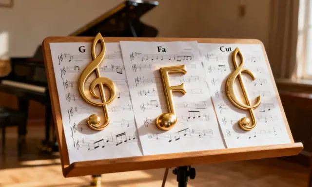Sur un pupitre, des notes de musique dorées "G", "Fa" et une clef d'ut 4 sur des partitions. Un piano est visible en arrière-plan.