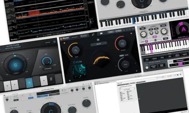Logiciels de production musicale montrant qu'est-ce que l'autotune, avec des claviers virtuels et des réglages de correction vocale.