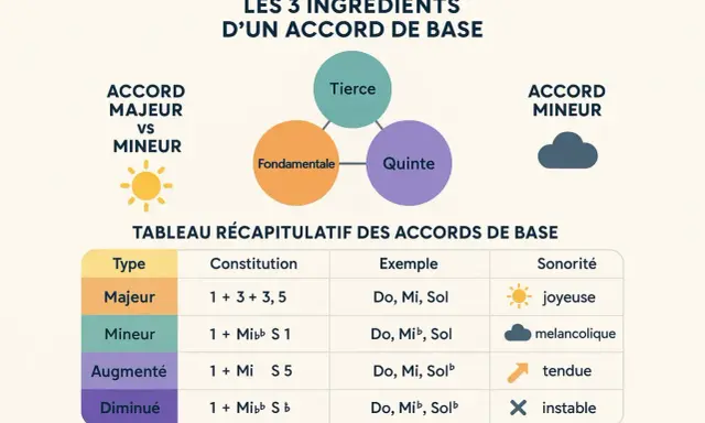 Schéma expliquant les ingrédients d'un accord de base : fondamentale, tierce, quinte. Tableau comparant les accords majeurs et mineurs, leurs constitutions et sonorités.