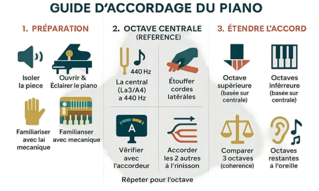 Guide pour accorder un piano : préparation, accord de l'octave centrale (La3/A4 à 440 Hz), puis extension de l'accord aux octaves supérieures et inférieures.
