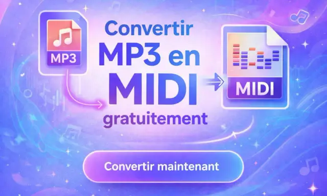 Convertir MP3 en MIDI gratuitement. L'image montre un processus de conversion audio vers MIDI, avec des icônes MP3 et MIDI.