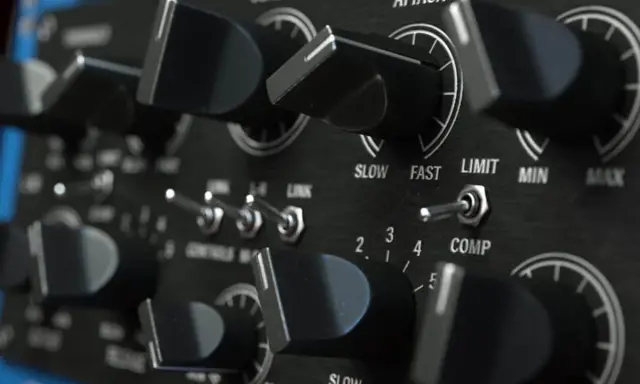Gros plan sur les boutons et interrupteurs d'un compresseur audio. Réglages d'attaque, de seuil et de ratio sur cet équipement de studio.