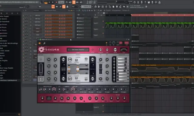 Interface de FL Studio avec le plugin Sakura ouvert, montrant les réglages du piano et les pistes audio.