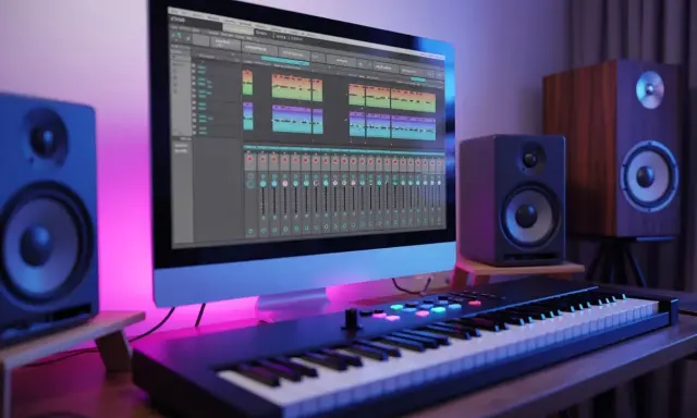 Un **synthétiseur techno** prêt à créer des rythmes. Un écran affiche une table de mixage, des enceintes et des lumières d'ambiance complètent l'espace de création musicale.