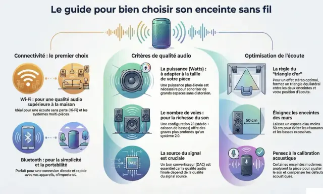 Guide pour choisir une enceinte sans fil : connectivité, critères audio, optimisation. Le mastering audio est clé.