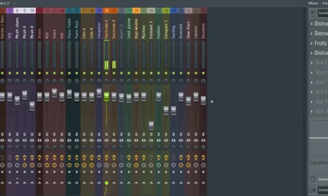 Tableau de mixage avec pistes nommées : "entrée midi", "Vocals", "Drums", "Piano", "Cello", "Electrode", "Machine", "Padilion", "Eurogate", "Swirling", "Rivendell", "Slow Stars", "Lumeria", "Decadent".