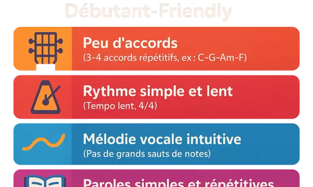 Tableau "Débutant-Friendly" : peu d'accords, rythme simple et lent (tempo lent), mélodie intuitive, paroles simples.
