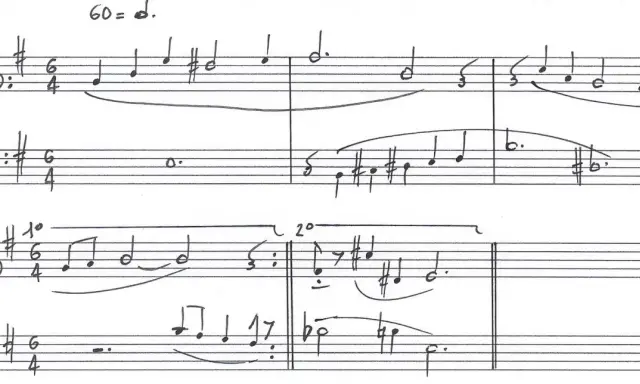 Partitions manuscrites avec des notes de musique en anglais, indiquant un tempo de 60.