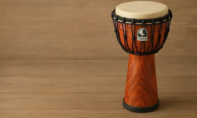 Un djembé Toca, un instrument de percussions africaines, repose sur un fond en bois.