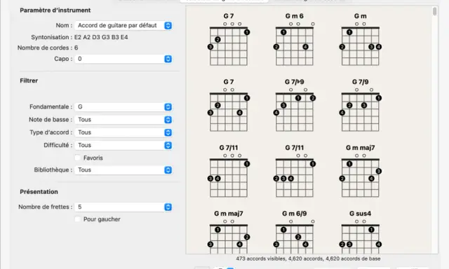 Bibliothèque de grilles d'accords affichant plusieurs diagrammes de notation d'accords de guitare, avec des options de filtrage sur la gauche.