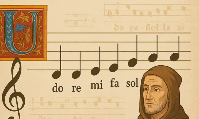 Une note de musique en lettre ornée, un moine pensif et des notes musicales sur une partition ancienne.