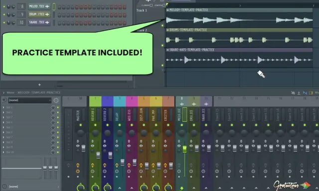 Interface de Fl Studio avec un template de pratique inclus pour la mélodie, la batterie et les snares.