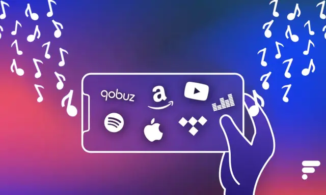 Une main tient un téléphone affichant les logos de diverses applications de musique : Qobuz, Amazon, YouTube, Spotify, Apple Music, Tidal. Des notes de musique flottent autour.