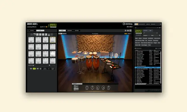 Interface de l'editeur midi Steinberg Groove Agent 6, affichant une batterie et des percussions, avec des options de kit et de style.