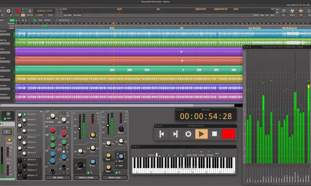 Interface d'un logiciel séquenceur gratuit affichant des pistes audio et des contrôles de mixage.