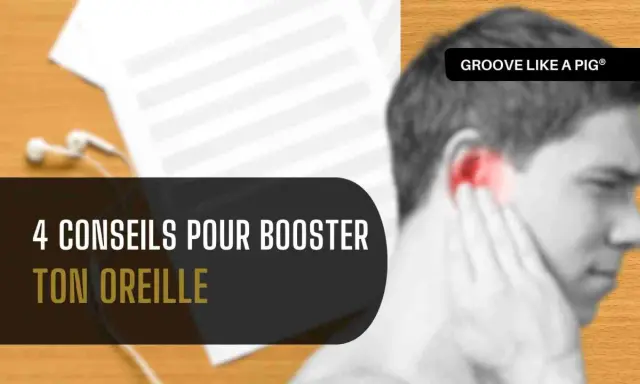 Un homme se tient l'oreille, avec des notes de musique et des écouteurs en arrière-plan. 4 conseils pour booster tes oreilles musicales.