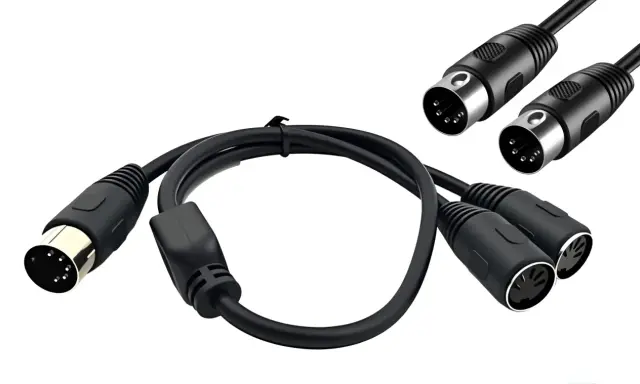 Câble noir avec un connecteur DIN 5 broches et deux connecteurs DIN 5 broches femelles pour une connexion MIDI.