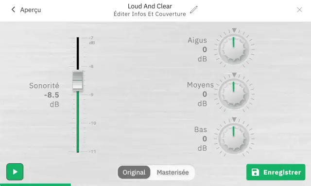 Égaliseur audio avec curseur de sonorité à -8.5 dB et réglages Aigus, Moyens, Bas à 0 dB. Option "Masterisée" activée, suggérant un traitement de dithering audio.