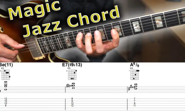 Main de guitariste jouant un accord magique jazz. Diagrammes d'accords et tablatures pour Bø(11), E7(#9b13), A6/9.