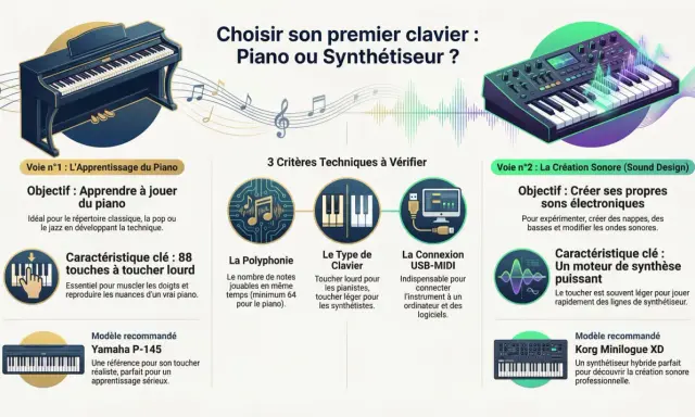 Comparaison entre piano et synthétiseur pour choisir son premier clavier. Idéal pour apprendre le piano ou créer des sons électroniques avec un logiciel piano midi.