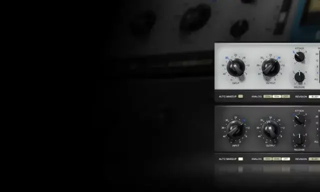 Deux émulateurs de compresseur CLA-76, l'un bleu, l'autre gris, avec leurs potentiomètres et vu-mètres.